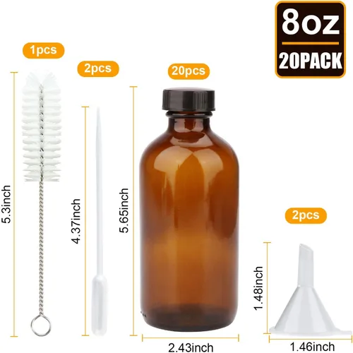 Vista 2 de Maredash Botellas de vidrio ámbar de 8 onzas, botellas de almacenamiento de vidrio, paquete de 20 Incluye tapas negras