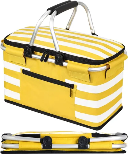 Vista 17 de Cesta de picnic aislada, bolsa enfriadora plegable, cesta de comestibles de 32 litros con tapa, 2 asas resistentes, cesta de almacenamiento