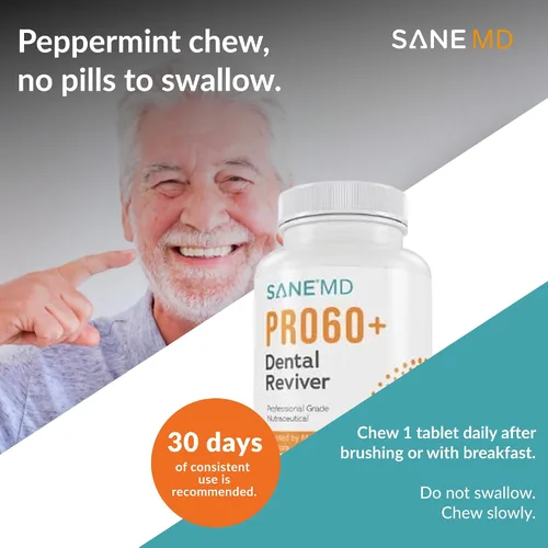 Vista 6 de Sane MD PRO60+ Dental Reviver para adultos mayores de 60 años, tabletas de probióticos orales masticables para encías saludables, aliento fresco