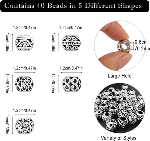 Vista 4 de 40 piezas de cuentas espaciadoras de tubo metálico para fabricación de joyería, cuentas de paracord de agujero grande plateadas, cuentas