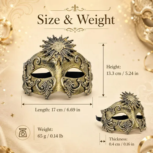 Vista 2 de LOGOFUN Retro Romano Sol Dios Máscara Veneciana Mascarada Cara Prop - Oro
