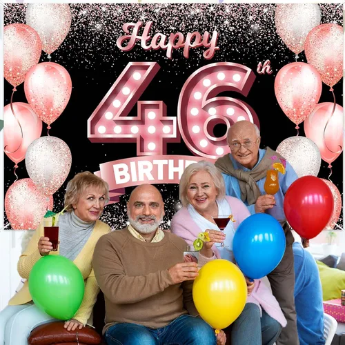 Vista 31 de Cartel de feliz cumpleaños décimo oro rosa, telón de fondo, saludos a 10 años, globos de confeti, decoración temática para niñas de 10 años