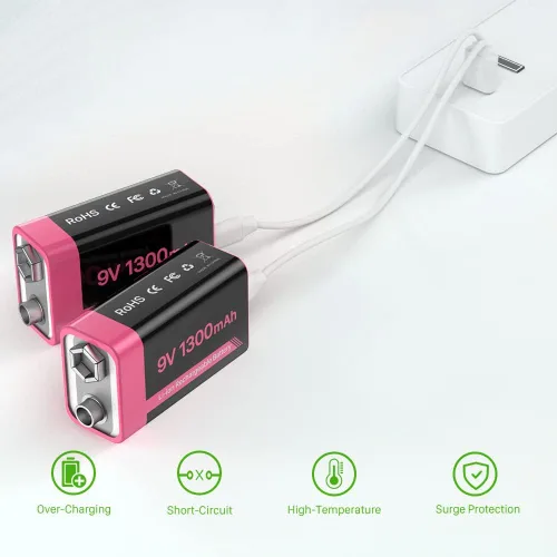 Vista 6 de Baterías recargables de 9 V, baterías de iones de litio de alta capacidad de 1300 mAh de larga duración de 9 voltios con cable de carga rápida USB C
