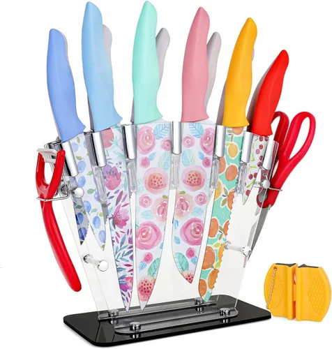 Vista 8 de G.a HOMEFAVOR Juego de cuchillos para cocina, 16 cuchillos de cocina de hoja con revestimiento antiadherente de acero inoxidable con soporte