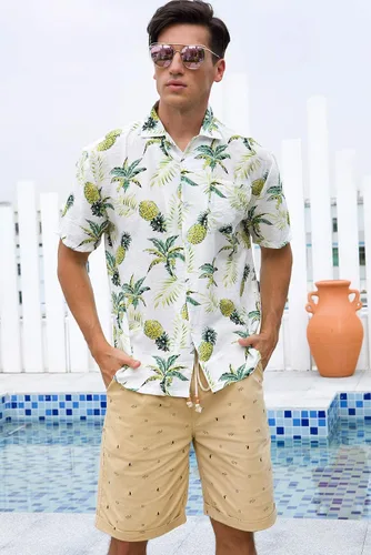 Vista 5 de Janmid Camisas hawaianas florales de manga corta con botones para hombre