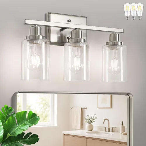 Vista 14 de Ascher Apliques de pared de 2 luces, moderna lámpara de tocador con pantalla de vidrio transparente, lámpara de pared de níquel cepillado