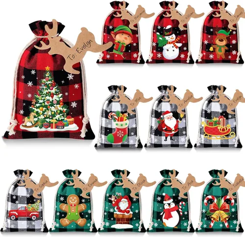 Vista 9 de Shappy 48 bolsas de Navidad con cordón, bolsas de arpillera a cuadros Buffalo de Navidad, bolsas de lino para golosinas, sacos para regalos