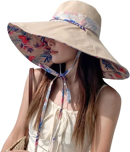 Vista 9 de Sombreros de sol de ala extra ancha de 6 pulgadas con protección UV UPF 50+ y correa para sombrero de playa para mujer