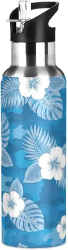 Vista 8 de Stainless Steel Vacuum Insulated Water Bottle 20 Oz, Leakproof Water Bottles for Gym Outdoor Travel School, Flowers Tropical Leaves Blue