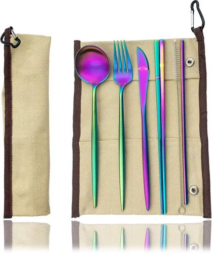 Vista 18 de JASHII Juego de cubiertos de viaje de acero inoxidable, tenedor, cuchara, cuchillo, pajilla, cubiertos reutilizables con estuche, juego de Rosa