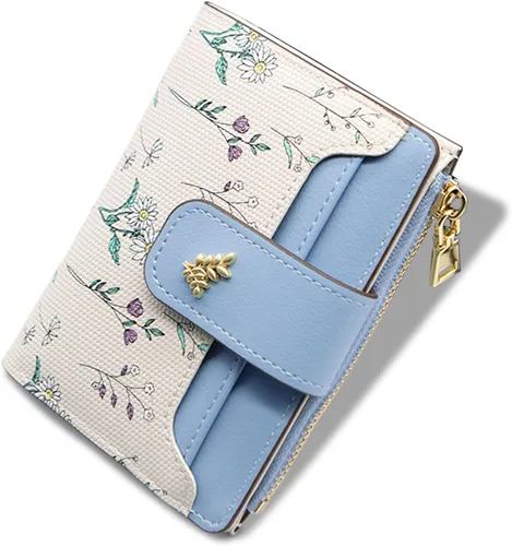 Vista 10 de LJCZKA Billeteras pequeñas para mujer, de piel plegable, con cremallera, bolsillo con cremallera, tarjetero floral, para niñas y mujeres con ventana