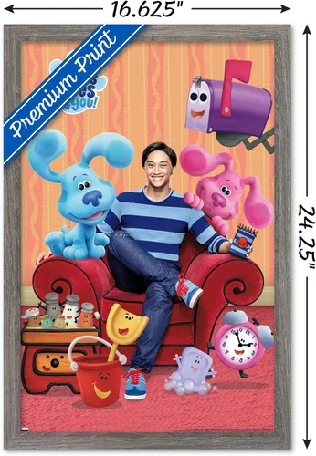 Vista 3 de Nickelodeon Blue's Clues - Póster de pared grupal, 22.4 pulgadas de largo x 14.7 pulgadas de ancho, versión enmarcada de madera de granero