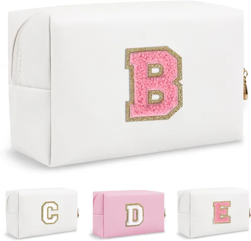 Vista 11 de Biileen Bolsa de Maquillaje Preppy Personalizada con Inicial Pequeña Bolsa de Viaje Linda con Letra de Chenilla, blanco-1, F