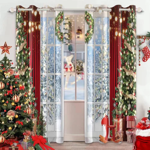 Vista 9 de AWERT Cortinas de Navidad para sala de estar, Navidad tradicional temporada de invierno, árbol de Navidad, juego de 2 paneles de cortinas opacas