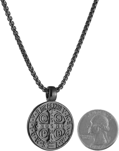 Vista 6 de Collar con colgante de exorcismo de San Benito para hombre, acero inoxidable, cruz católica, protección de demonios, cazador de fantasmas (CSPB)