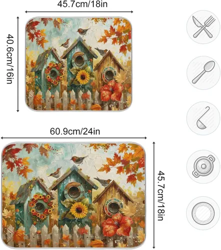 Vista 3 de Tapete de secado de platos de 16 x 18 pulgadas para encimera de cocina, hojas de arce y hojas de arce, tapete de microfibra reversible para secar
