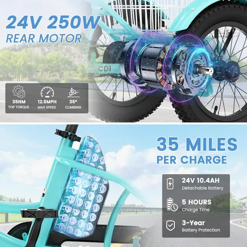 Vista 2 de MOPHOTO Triciclo eléctrico de 16 pulgadas para jóvenes, bicicleta eléctrica Menta cool