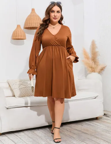 Vista 7 de ShopWonder Vestido de talla grande para mujer, con cuello en V, acampanado, largo hasta la rodilla, vestido de fiesta, minivestido de fiesta