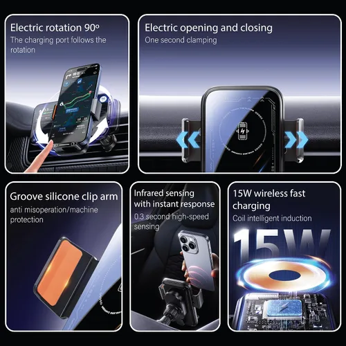 Vista 8 de Soporte de teléfono inalámbrico para cargador de coche de 15 W con control de gestos, sujeción automática Hands free operation, 90 degree auto