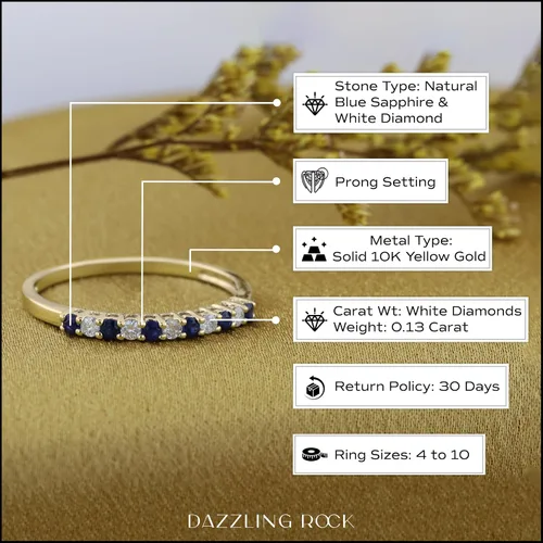 Vista 11 de Dazzlingrock Collection Alianza de boda apilable de zafiro azul y diamante blanco redondo alternativo en oro de 10 quilates