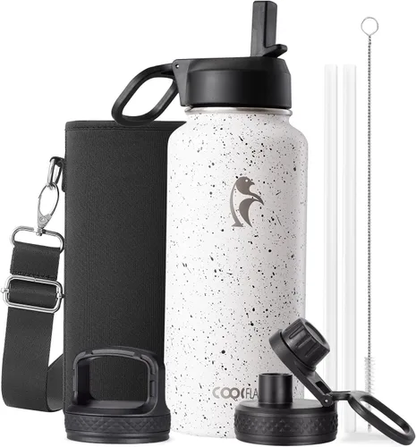Vista 16 de Coolflask Botella de agua de 20 onzas aislada con pajilla, 3 tapas de metal de acero inoxidable, botella de agua de boca ancha para deportes u