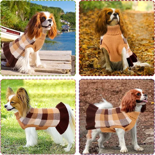 Vista 6 de Vestido suéter para perro, ropa de punto a cuadros para perros pequeños y medianos, cálido pullover de cuello alto elástico para cachorro y mascota