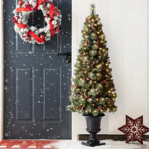 Vista 23 de Glitzhome - Árbol de Navidad artificial delgado preiluminado de 2.4 m, con ramas de pino Aspen Frostfall, soporte plegable de metal, 500 luces Aspen