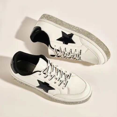Vista 4 de UUBARIS Zapatillas de tenis con purpurina para mujer, color neón, elegantes, brillantes, con diamantes de imitación, para boda, novia, zapatos