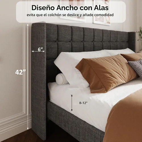 Vista 5 de Base de cama tamaño King con cabecera con respaldo de ala, base de cama tapizada de lino con cabecera capitoné con botones, soporte de listones