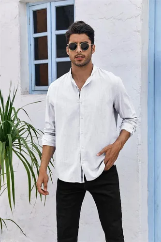 Vista 2 de Mens Linen Long Sleeve Shirts Button Down Mandarin Collar Casual Regular Fit Dress Shirts1