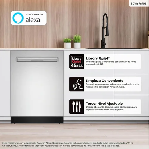 Vista 2 de Lavadora inteligente SHARP SDW6767HS. Funciona con Alexa. Incluye luces LED interiores, interior de acero inoxidable, secado con calor y asistencia