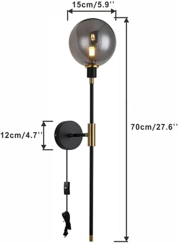 Vista 2 de KCO Apliques de pared con enchufe de 1 luz, cable de interruptor de encendido/apagado, lámpara de pared moderna negra con brazo largo de globo