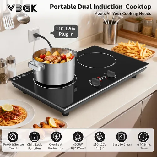 Vista 3 de VBGK Cocina de inducción, quemadores de encimera de 110 V 4000 W con control de perilla, 9 niveles de potencia, bloqueo y temporizador para niños