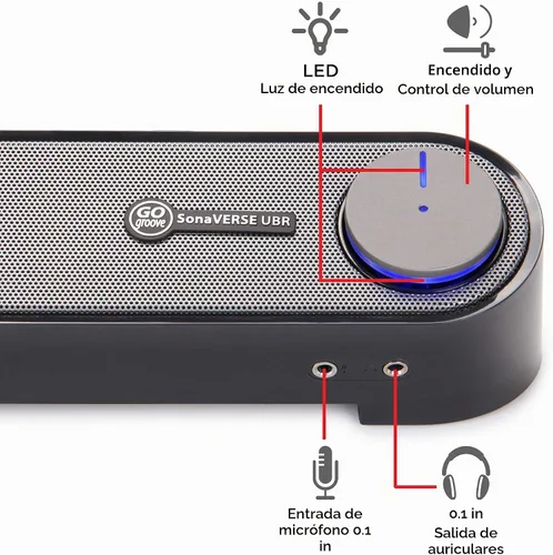 Vista 7 de SonaVERSE UBR barra altavoz para computadora de escritorio con conectores para audífonos y micrófono de fácil acceso por GOgroove, con alimentación