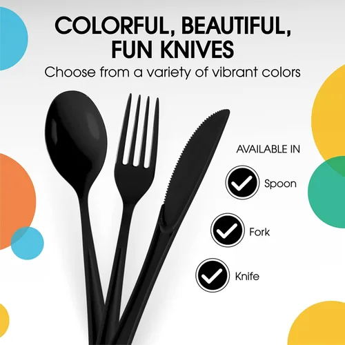 Vista 3 de Party Solids - Cuchillos de plástico negro, 200 piezas, cuchillos negros, utensilios desechables, juego de cubiertos de plástico resistente