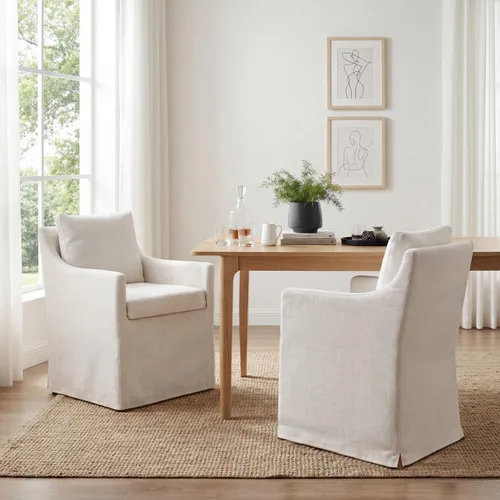 Vista 9 de Silla de comedor tapizada color beige, sillas modernas para cocina y comedor con brazos, cómoda silla de sofá de lino para sala de estar