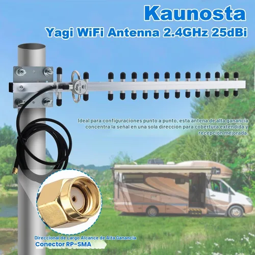 Vista 4 de Yagi Antena WiFi 2.4GHz 25dBi RP-SMA Conector Antena Direccional Yagi de alta ganancia con cable de 1,5 M de largo alcance para router