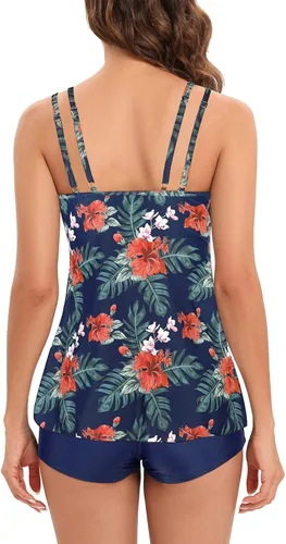 Vista 4 de Traje de baño tankini para mujer, con control de abdomen, floral, dos piezas, con pantalones cortos