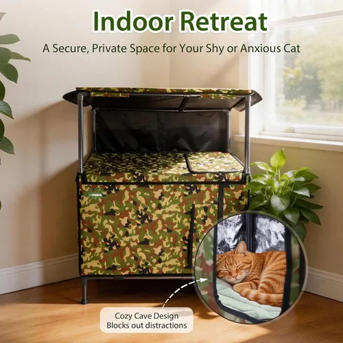 Vista 6 de Casa para gatos al aire libre, resistente a la intemperie, con dosel, refugio exterior para gatos, cubierta de techo y soporte elevado, casa