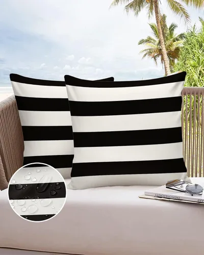 Vista 6 de Fundas de almohada de exterior impermeables de 16 x 16 pulgadas, fundas de almohada de poliéster con rayas blancas y negras, fundas decorativas