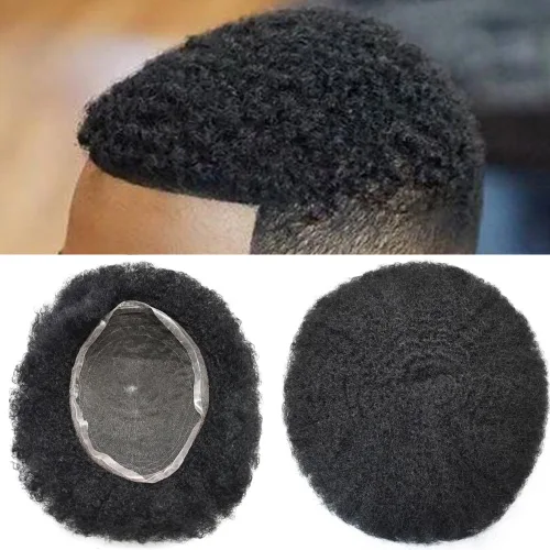 Vista 42 de Peluca de encaje suizo rizado afro para hombre, sistema de repuesto de peluca de encaje completo, extensiones duraderas de cabello humano #1 Negro