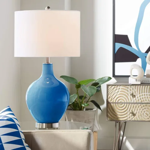 Vista 10 de Color + Plus Lámpara de mesa moderna de 28.5 pulgadas de alto, cristal azul Mónaco OVO blanco con pantalla de tambor de lino para sala de estar