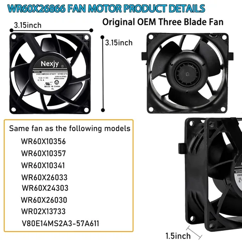 Vista 2 de Motor de ventilador evaporador de refrigerador OEM actualizado WR60X26866 2025, compatible con refrigerador GE, reemplaza V80E14MS2A3-57A611
