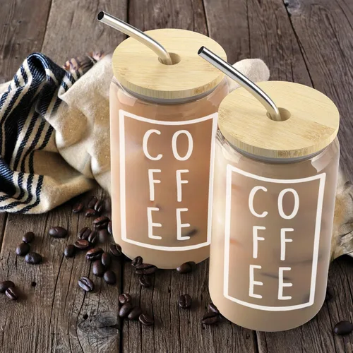 Vista 6 de Heather & Willow Juego de 2 vasos para café helado de 16 onzas con tapa de bambú y pajita, vaso para café helado Mason Jar - Taza Boba