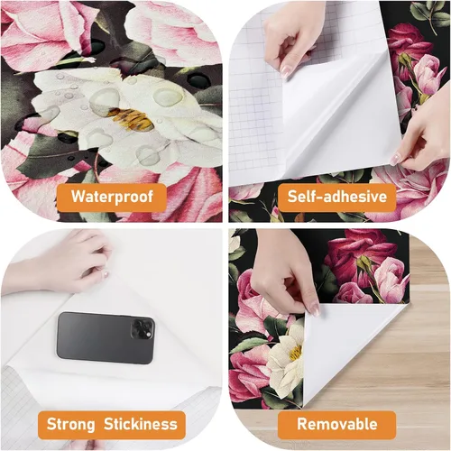 Vista 8 de Wallercity Papel Tapiz Floral Vintage Despegar y Pegar Papel Tapiz de Rosa Peonía Gabinetes Mesa Superior Papeles Tapiz Impermeable Removible