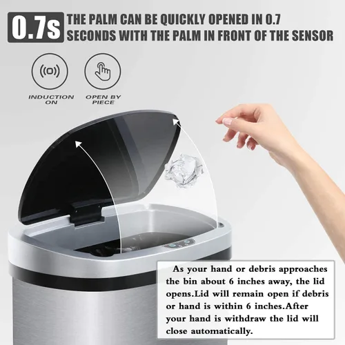 Vista 3 de Bote de basura de 13 galones con tapa, botes de basura automáticos para cocina, 50 L, con sensor de movimiento, cubo de basura de acero inoxidable