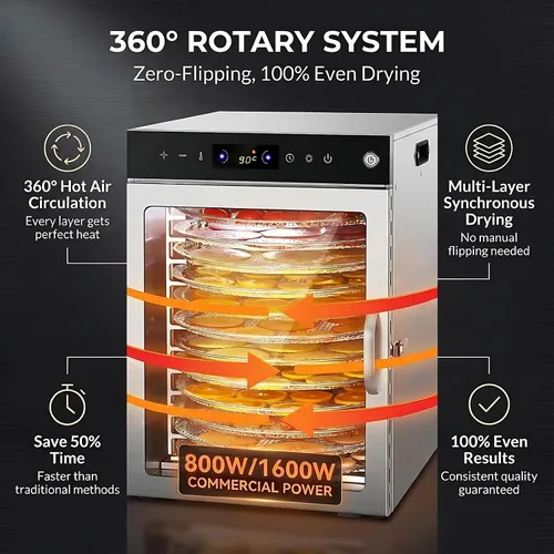 Vista 2 de Electric Food Dehydrator Multi Tray Dehydrator, Stainless Steel Rotary Food Dryer with Touch Panel, 10/12/16 Tray Design, Adjustable Temperature