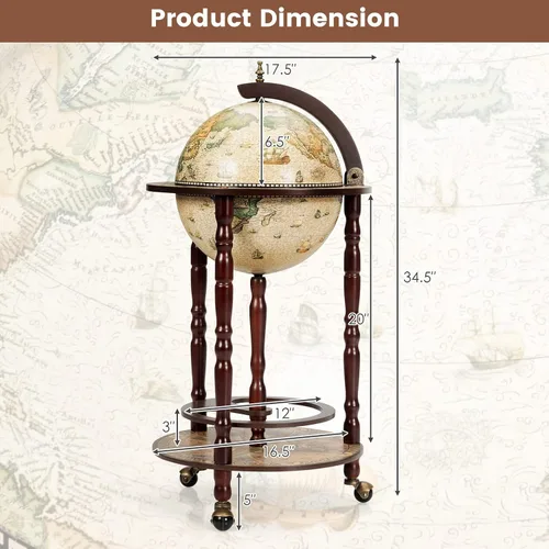 Vista 8 de Goplus Globo Bar, gabinete de licor con forma de globo de 17.5", con ruedas, estante inferior, mapa del mundo antiguo, réplica italiana del siglo