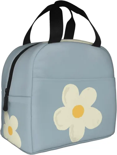 Vista 2 de Lonchera Kawaii con diseño de margaritas azules para mujeres y hombres, bonita lonchera aislada con bolsillo frontal para el trabajo, picnic y viajes