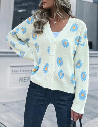 Vista 6 de Suéter de manga larga para mujer delgado con cuello en V margaritas con botones holgado ropa de abrigo